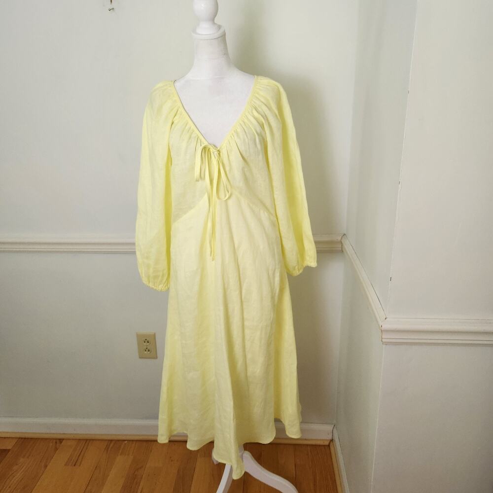 Greek Archaic Dress Sz Medium Women Yellow 100 Linen Vneck Maxi Prairie Babydoll